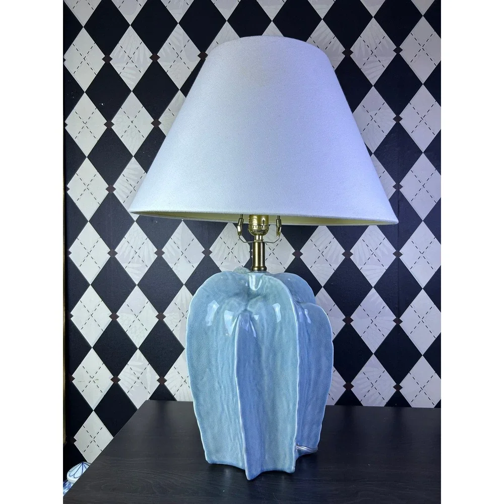 Large Sculptural Blue Pottery Table Lamp Fluted Statement Lighting 25